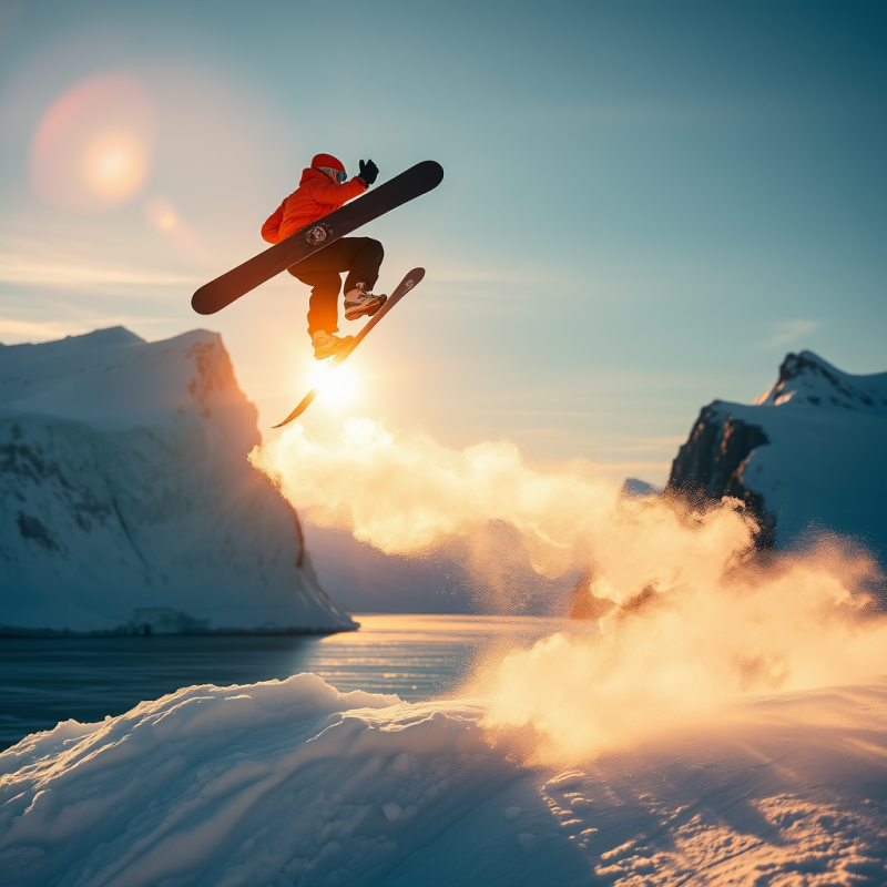 Snowboarder Mid-air Over a Frozen Fjord at Golden Hour