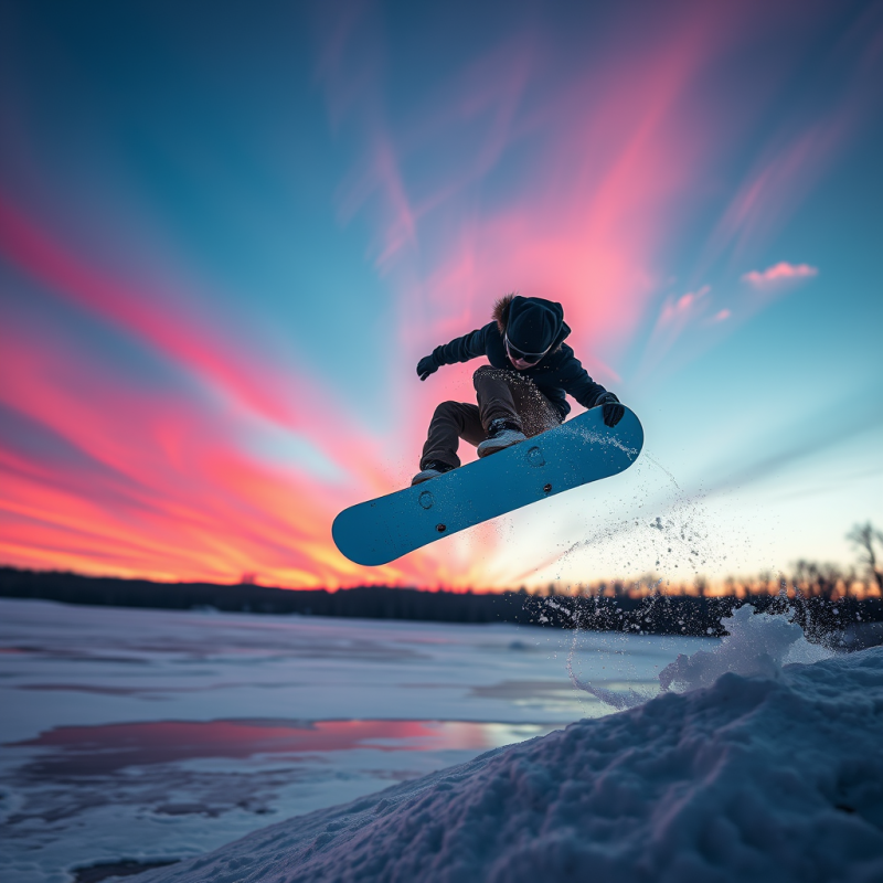 Snowboarder Mid-air Over a Frozen Quarry at Dusk