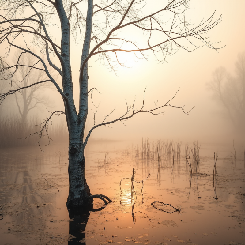 Solitary Bare Tree Stands in Shallow Water During a