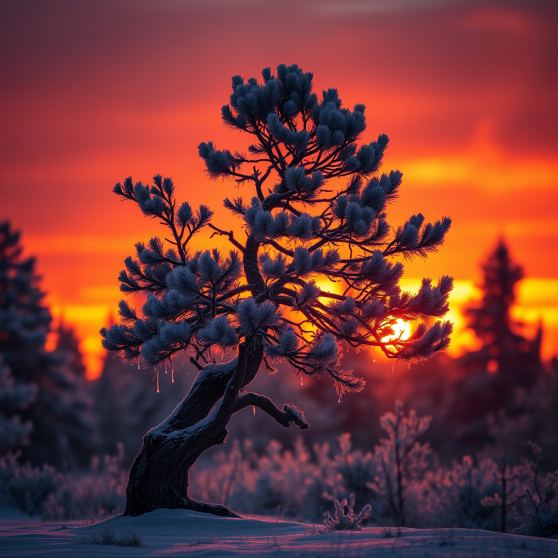 Solitary Gnarled Pine Tree at Golden Hour