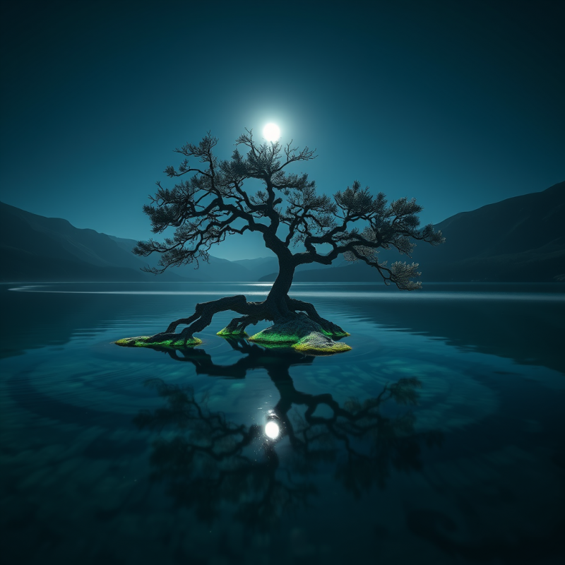 Solitary, Gnarled Tree Stands on a Small Island in a