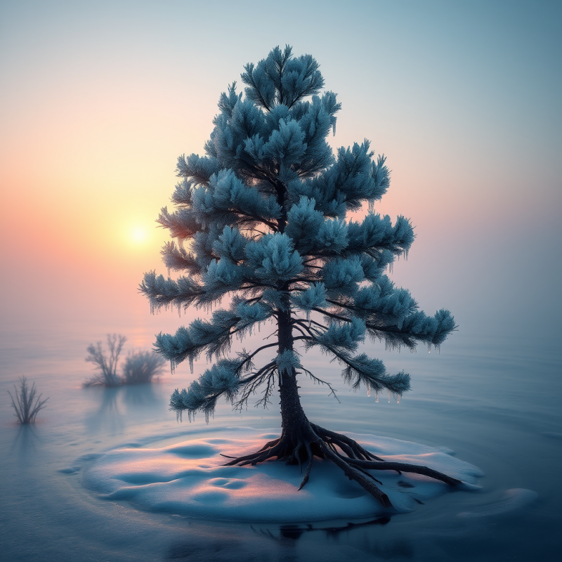 Solitary Pine Tree Covered in Frost Stands on a