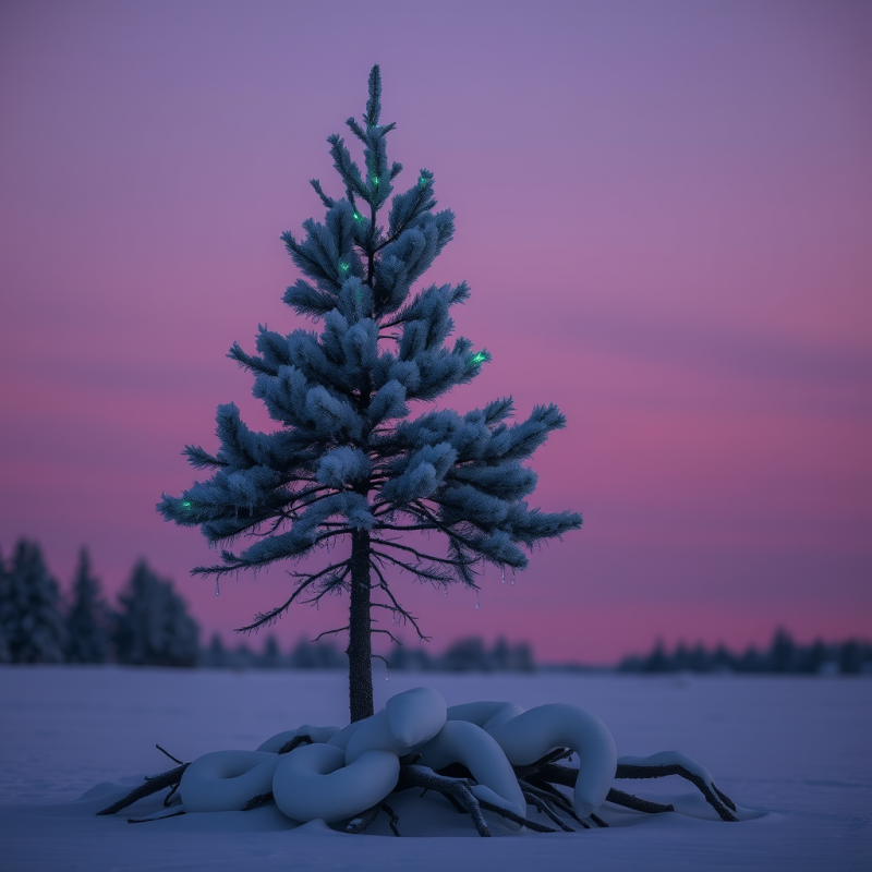 Solitary Pine Tree Draped in Snow Stands Against a