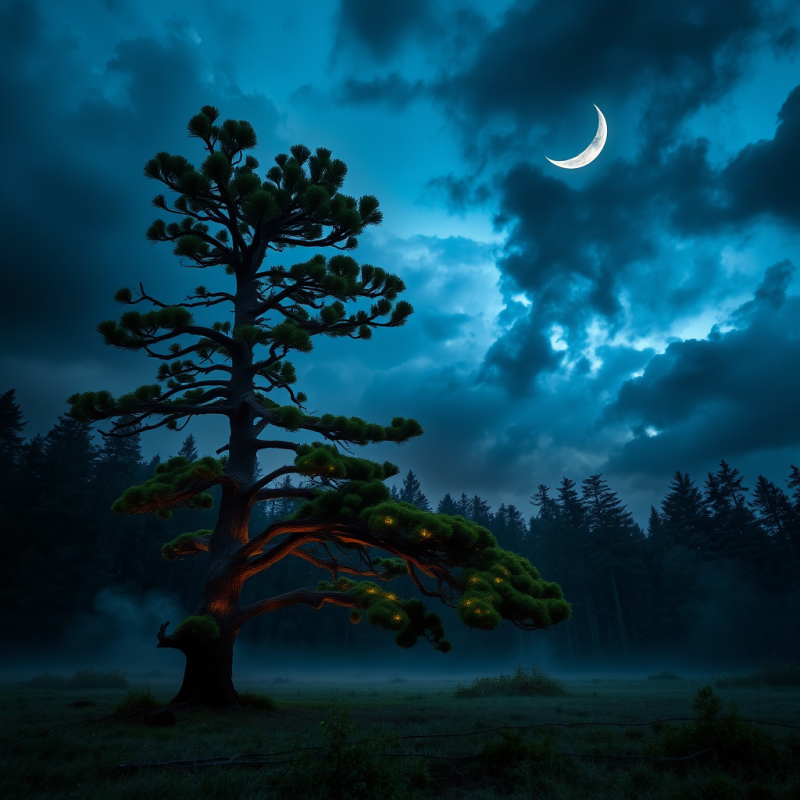 Solitary Pine Tree Glows with Warm Lights in a Misty