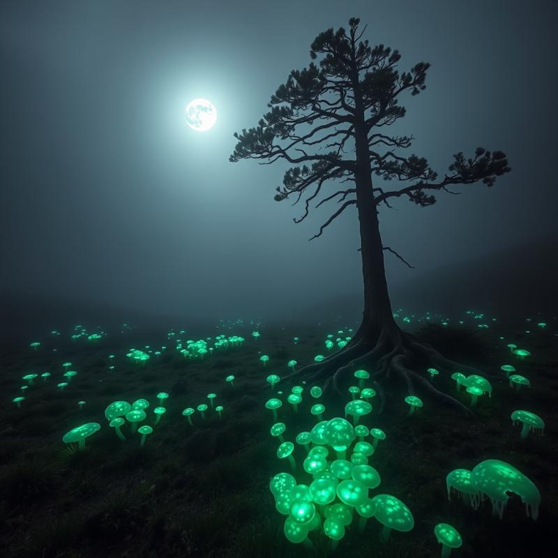 Solitary Pine Tree Stands in a Misty Field