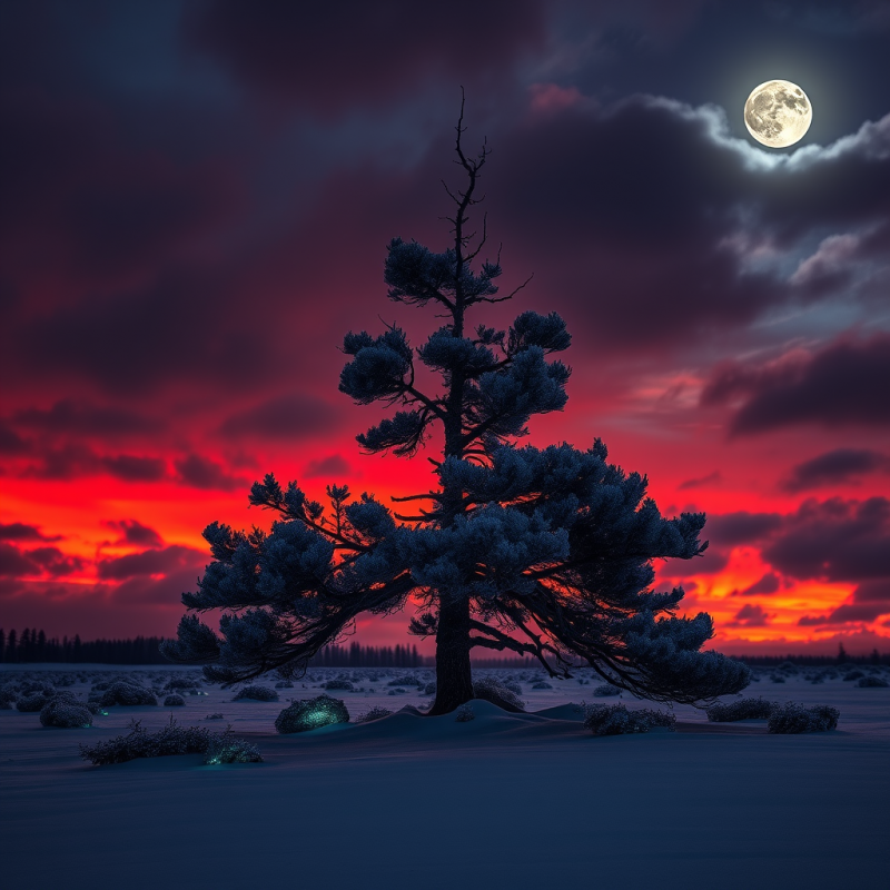 Solitary Pine Tree Stands in a Snowy Field Under a