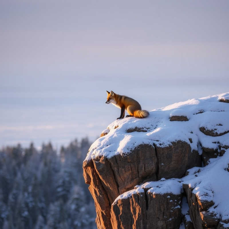 Solitary Red Fox Sits Atop a Snow-dusted Cliff,