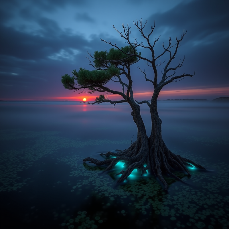 Solitary Tree with Glowing Blue Roots Stands in