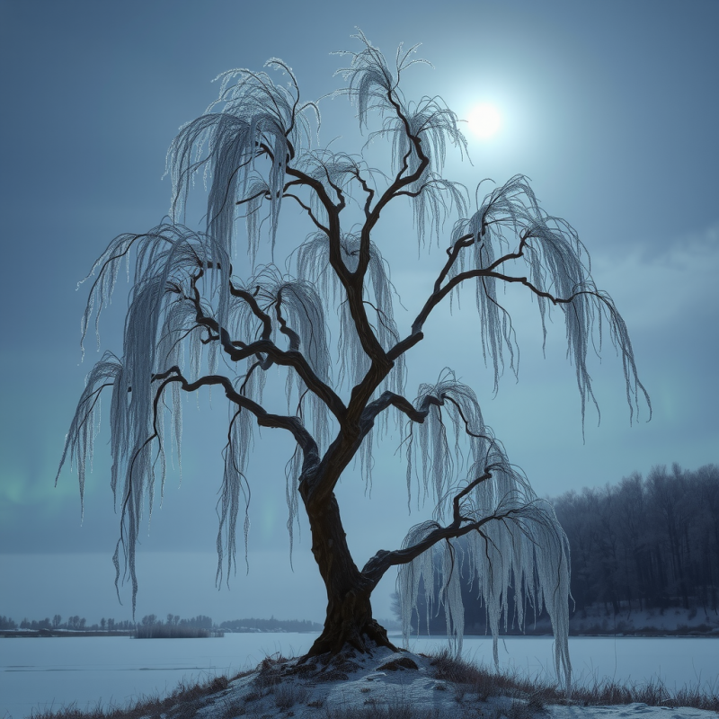 Solitary Willow Tree Covered in Ice Stands by a