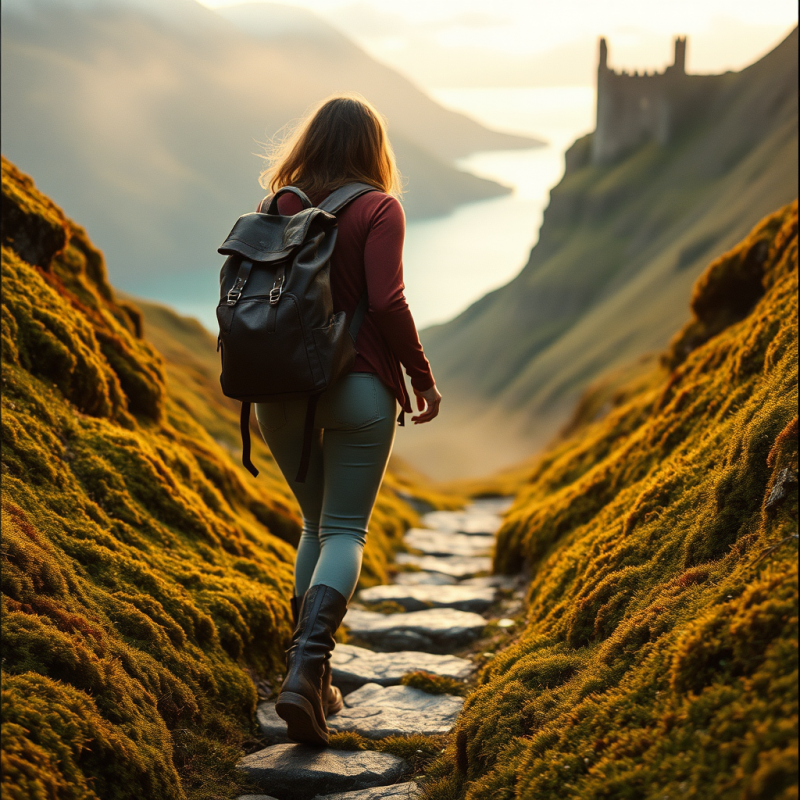 Solo Female Traveler in a Moss-covered Scottish Highlan...