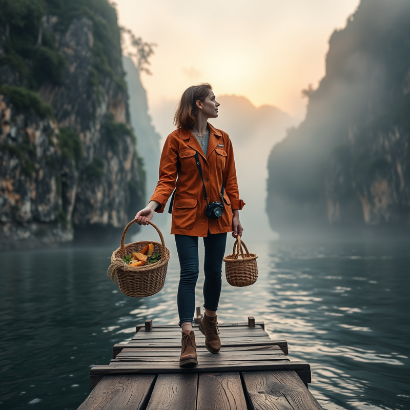 Solo Female Traveler in a Rust-colored Safari Jacket Ba...