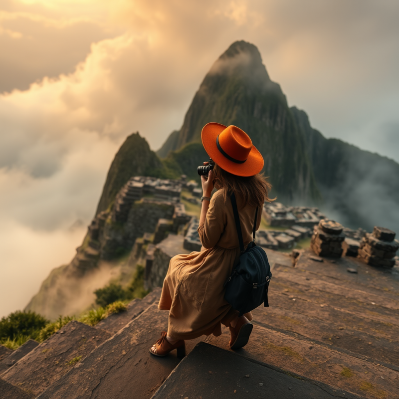 Solo Female Traveler in a Rust-colored Wide-brim Hat An...