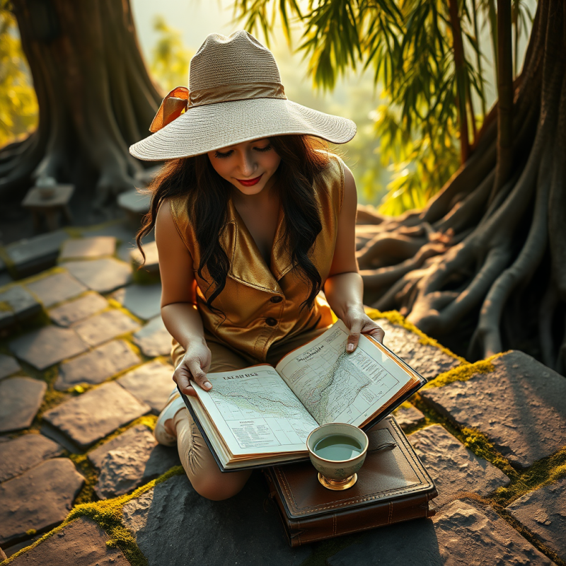Solo Female Traveler in a Shimmering Gold Vest and Over...