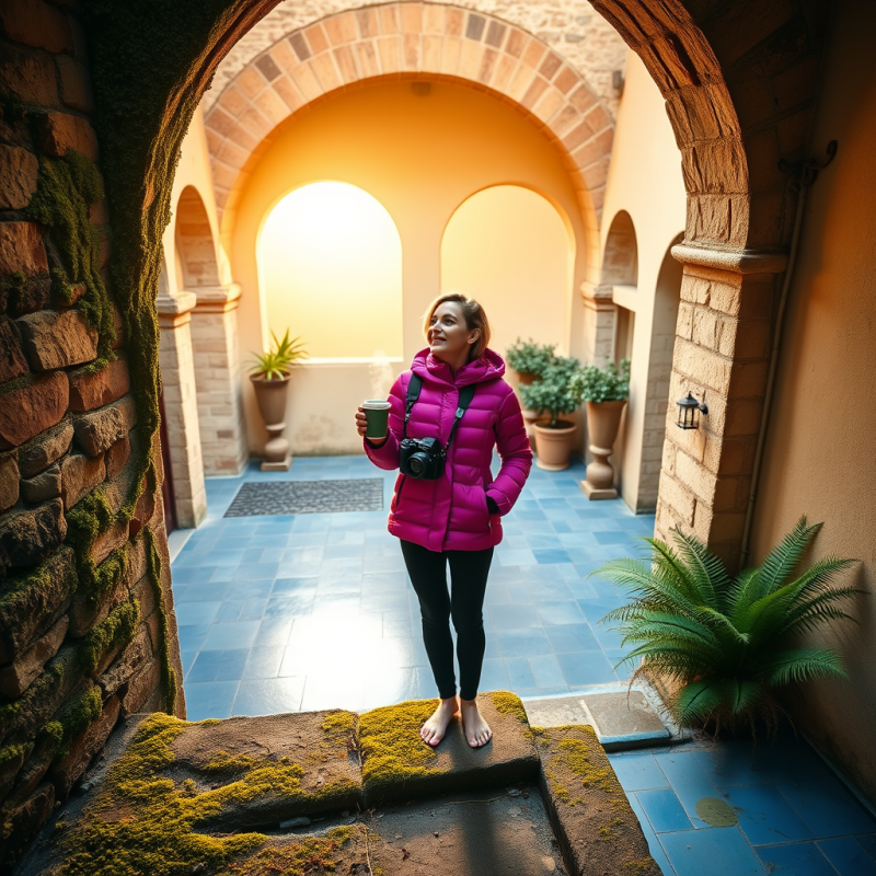 Solo Female Traveler in a Vibrant Fuchsia Puffer Jacket...