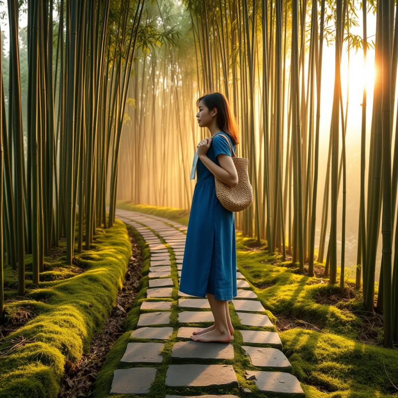 Solo Female Traveler in a Vibrant Indigo Linen Dress St...