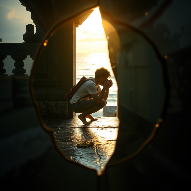 Solo Traveler Crouched at Dawn on a Moss-slicked Temple...