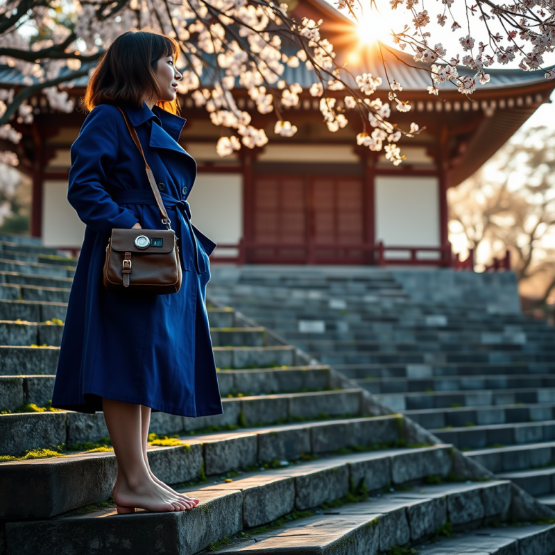 Solo Traveler in a Cobalt-blue Trench Coat Stands Baref...