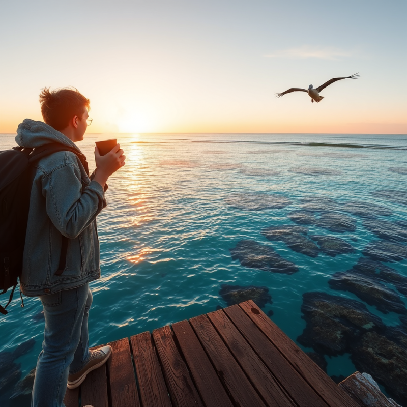 Solo Traveler in a Faded Denim Jacket Balances on a Wea...