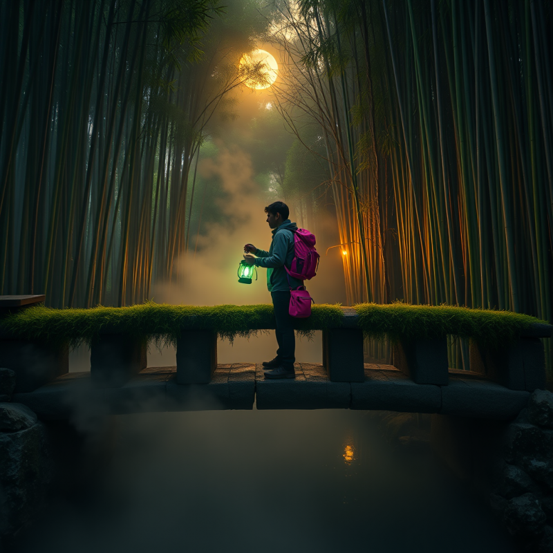 Solo Traveler in a Neon-pink Off-grid Backpack Stands O...