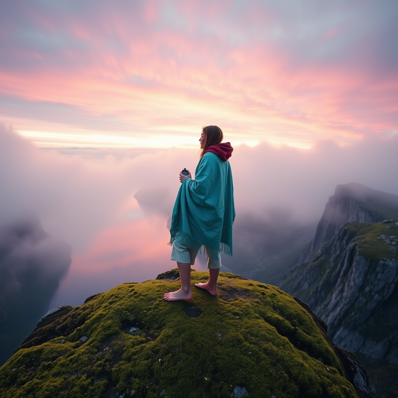 Solo Traveler in a Shimmering Turquoise Poncho Stands B...