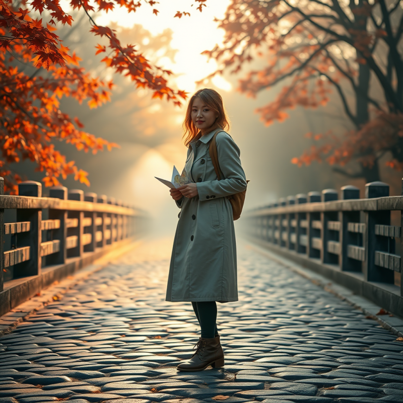 Solo Traveler in a Vintage Linen Trench Coat Stands Mid...