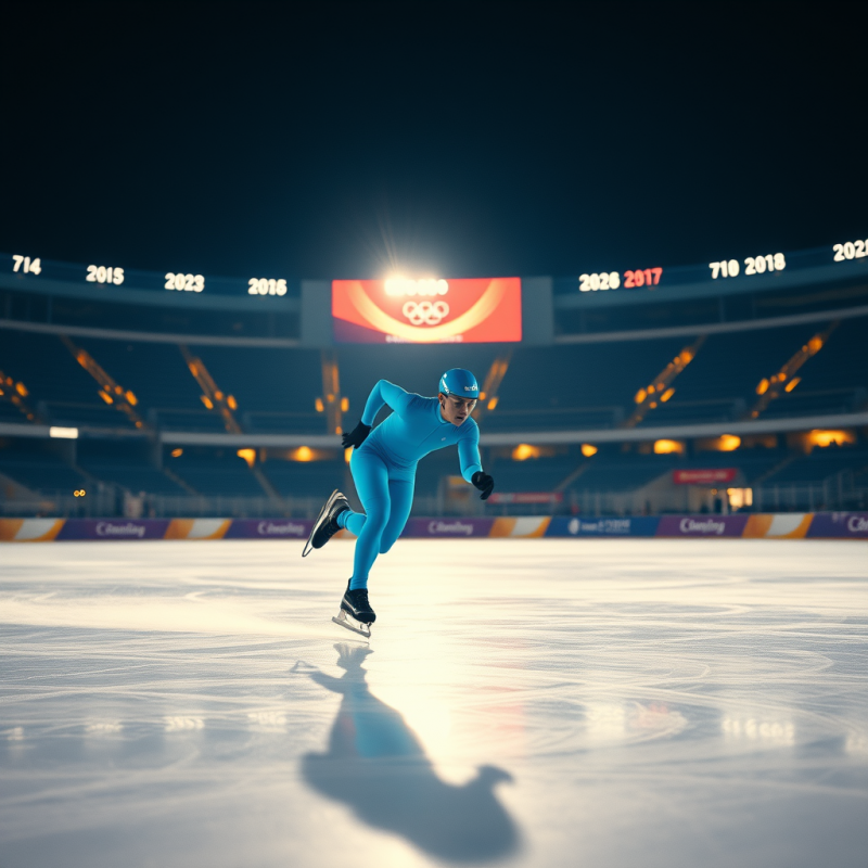 Speed Skater in a Neon-blue Suit Glides Mid-stride on A...