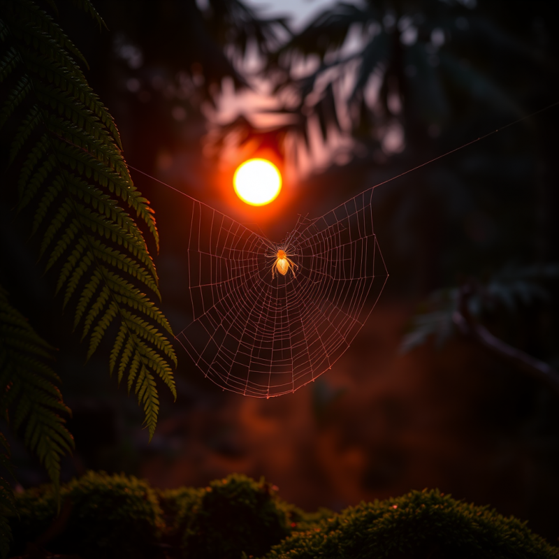 Spider Rests at the Center of Its Web, Silhouetted