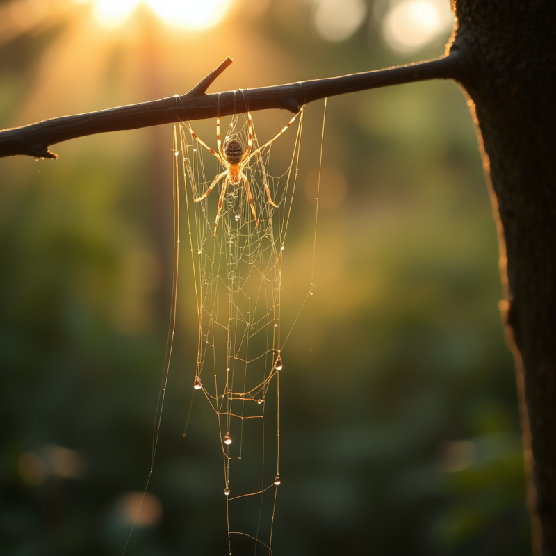 Spider Rests on Its Intricate Web Glistening with