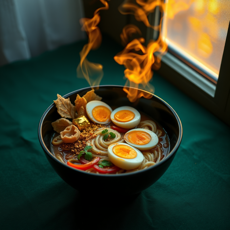 Spiral-shaped Rainbow Ramen Noodle Dish in a Black Cera...