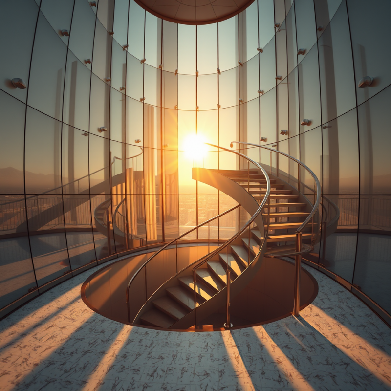 Spiral Staircase Inside a Mirrored-walled Cylindrical T...
