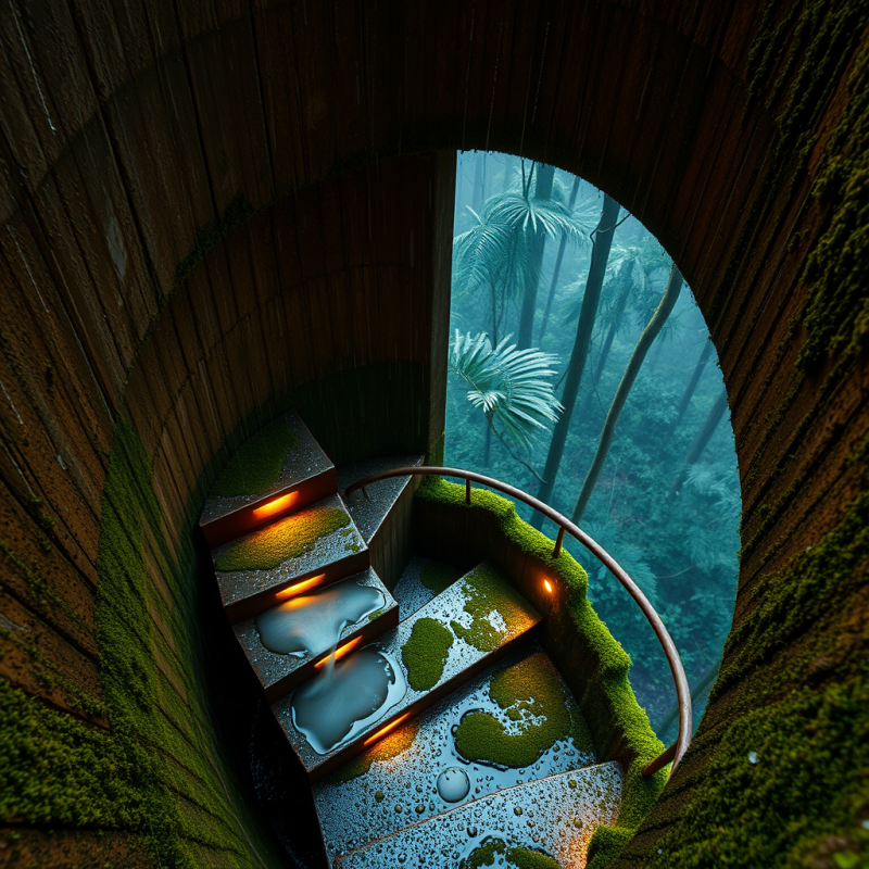 Spiral Staircase Inside a Moss-covered Concrete Tower I...