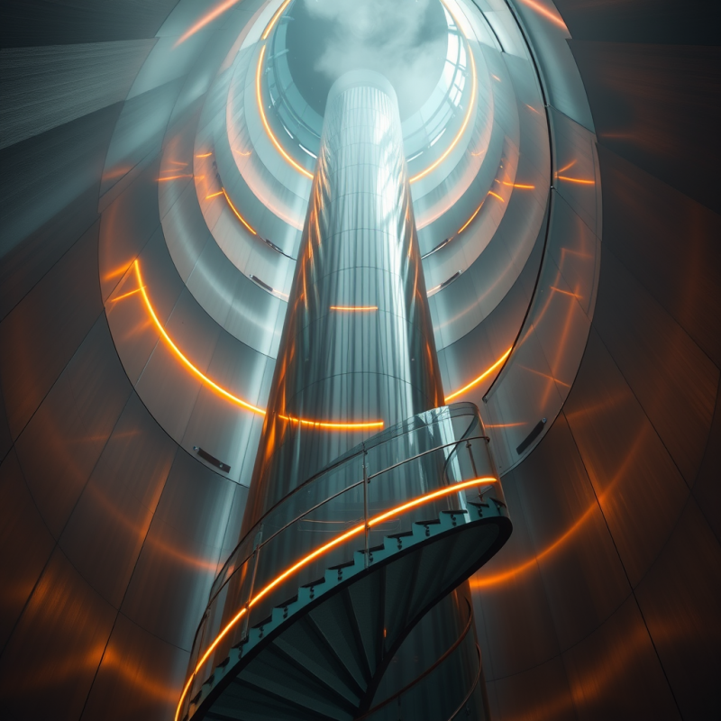 Spiraling Glass Staircase Inside a Futuristic Cylindric...