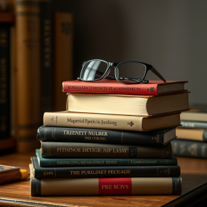 Stack Of Well-loved Books With Reading Glasses Cozy Scene