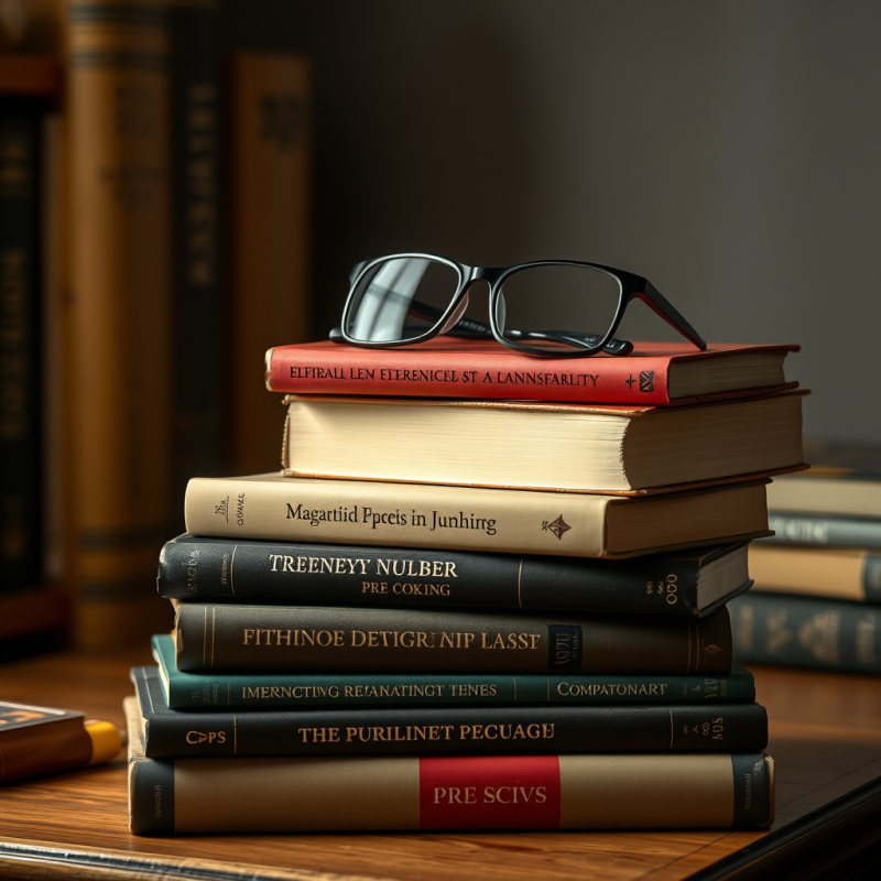 Stack of Well-loved Books with Reading Glasses Cozy Scene