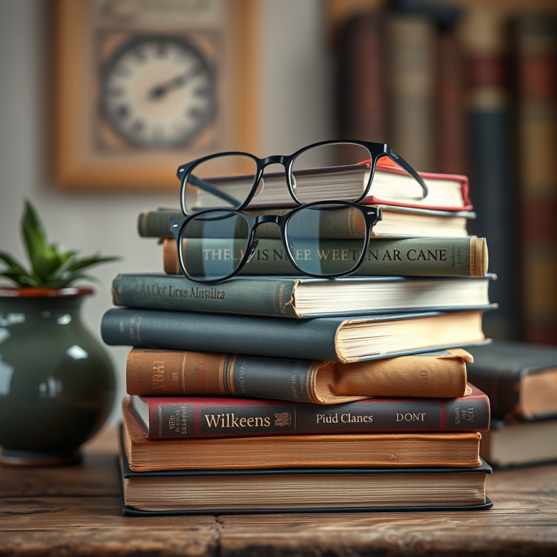Stack of Well-loved Books with Reading Glasses Cozy Scene