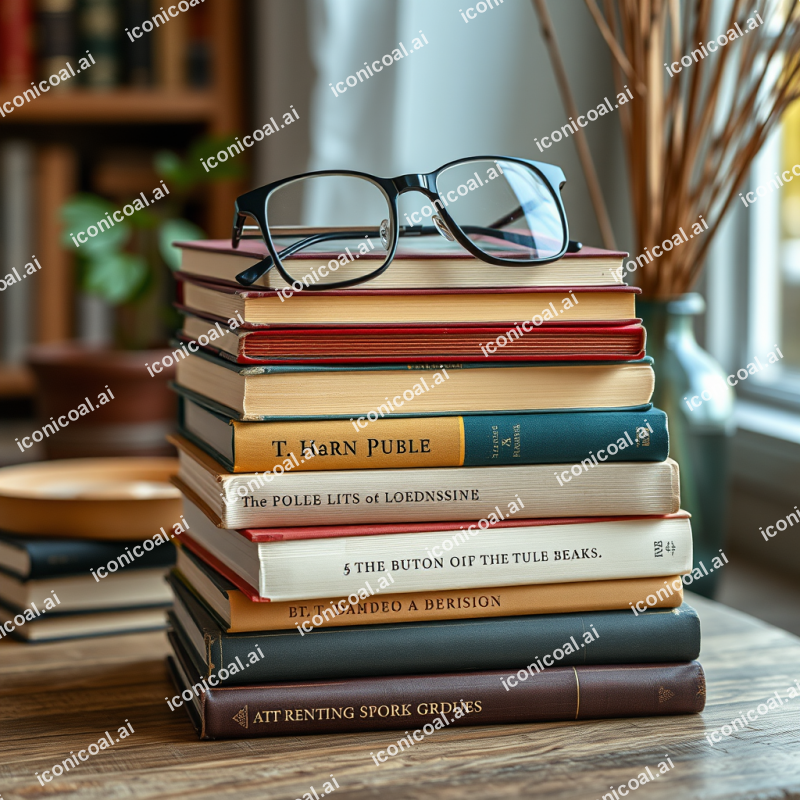 Stack Of Well-loved Books With Reading Glasses Cozy Scene