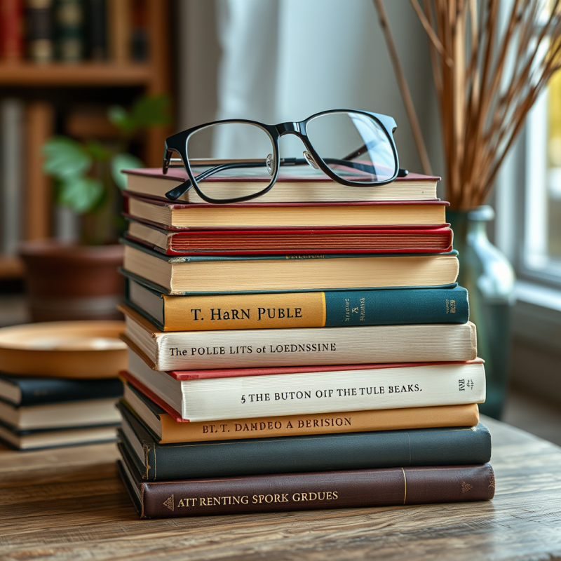 Stack of Well-loved Books with Reading Glasses Cozy Scene