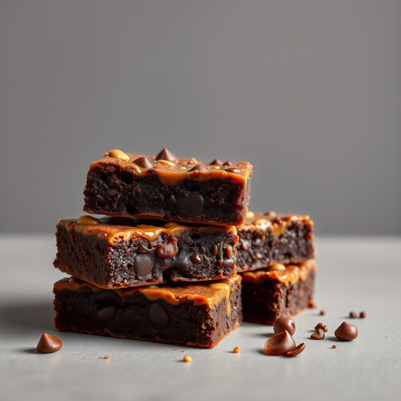 Stacked Chocolate Brownies with Caramel Topping