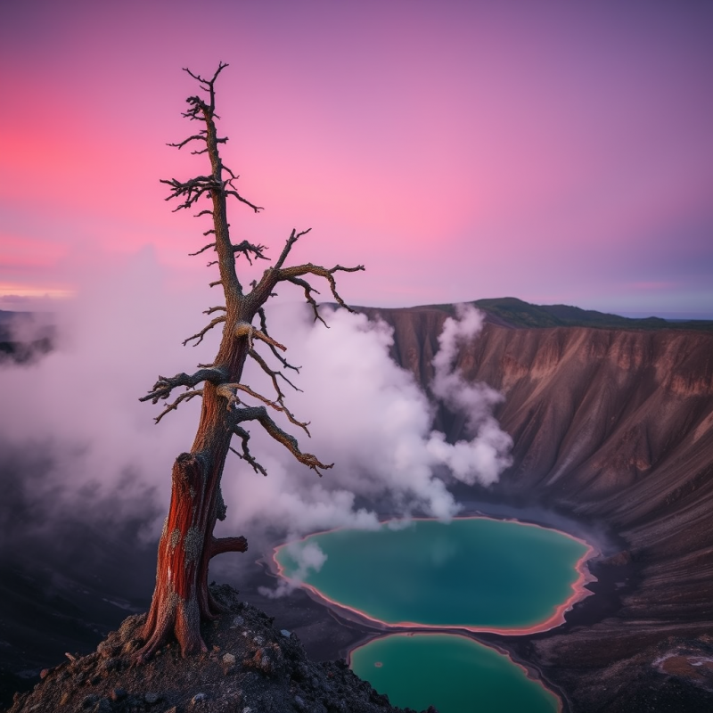 Stark, Leafless Tree Stands Atop a Volcanic Crater