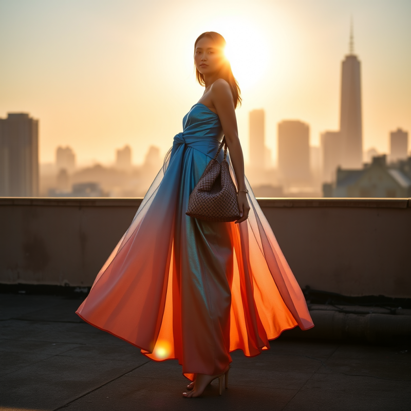Statuesque Model Draped in a Shimmering Gradient Gown T...