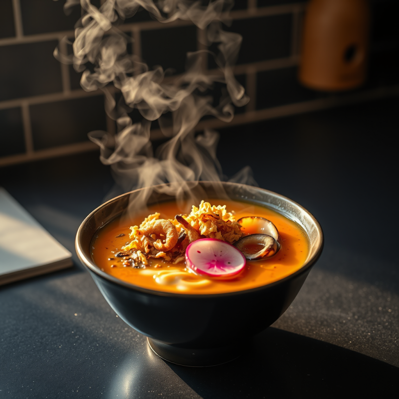 Steaming Bowl of Black Sesame Ramen with Glowing Amber ...
