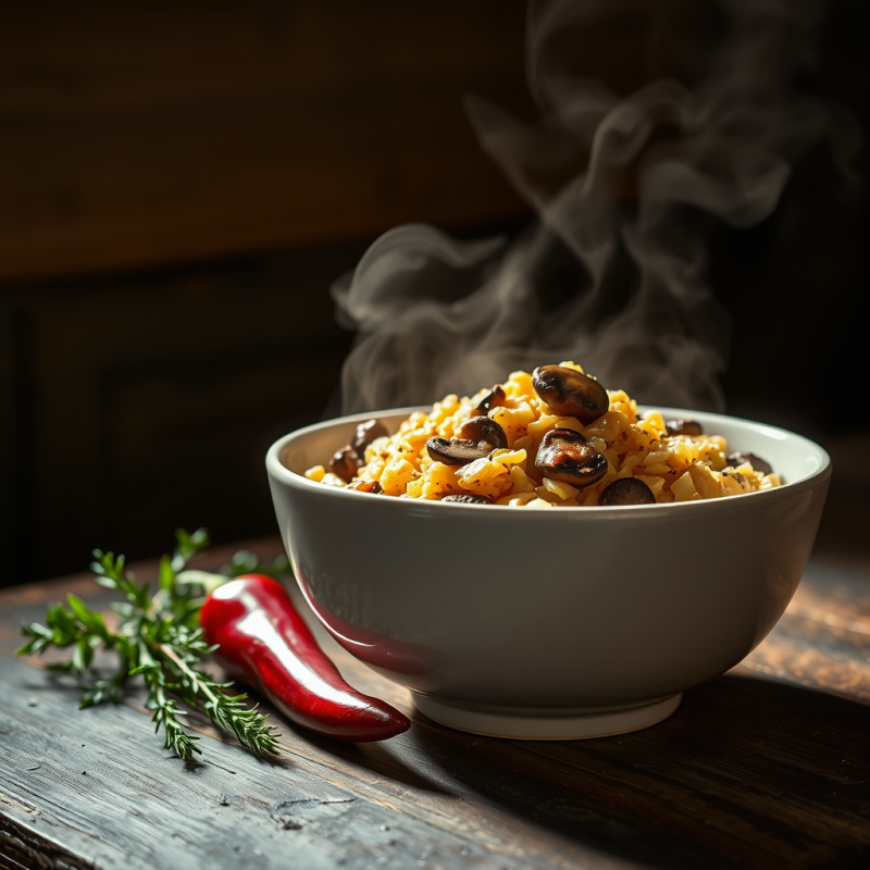 Steaming Bowl of Golden Rice Topped with Mushrooms,