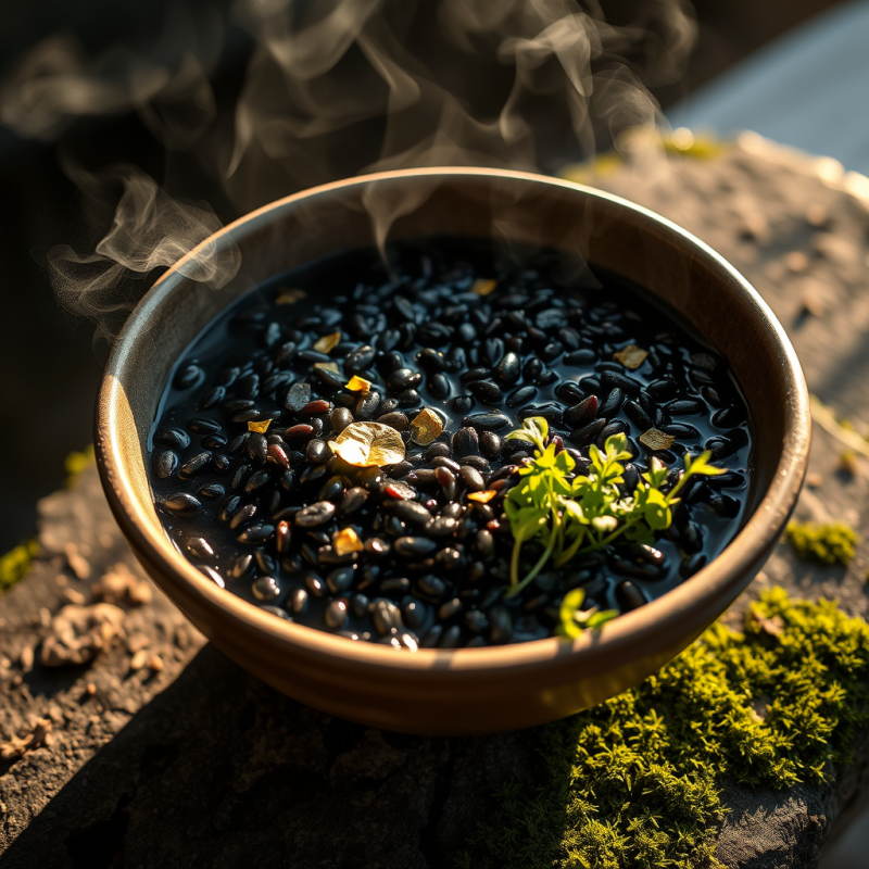 Steaming Bowl of Koji-marinated Black Rice with Edible ...
