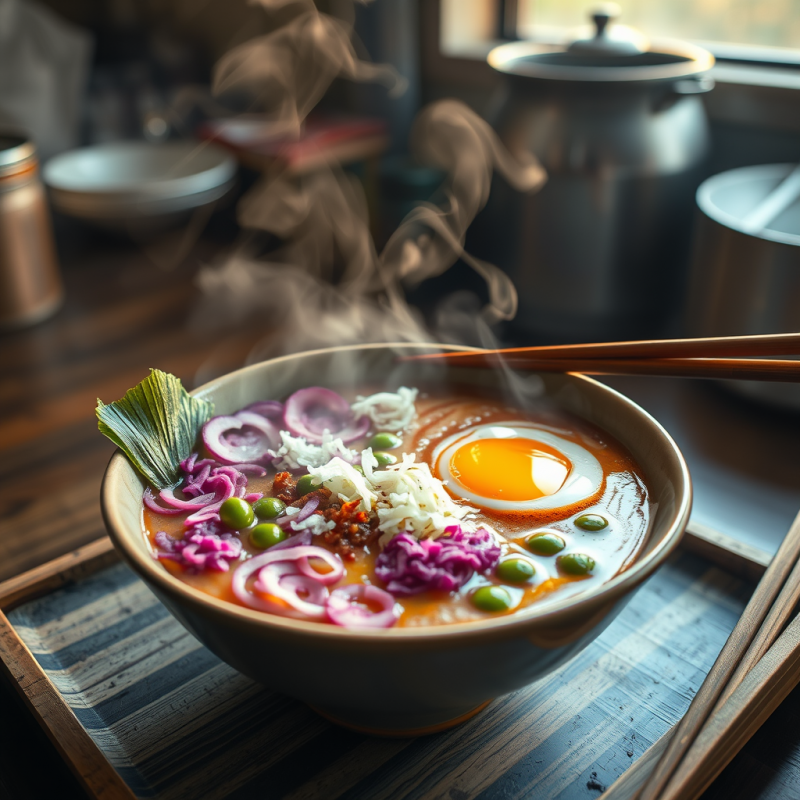 Steaming Bowl of Miso Ramen Swirled with Vibrant Purple...
