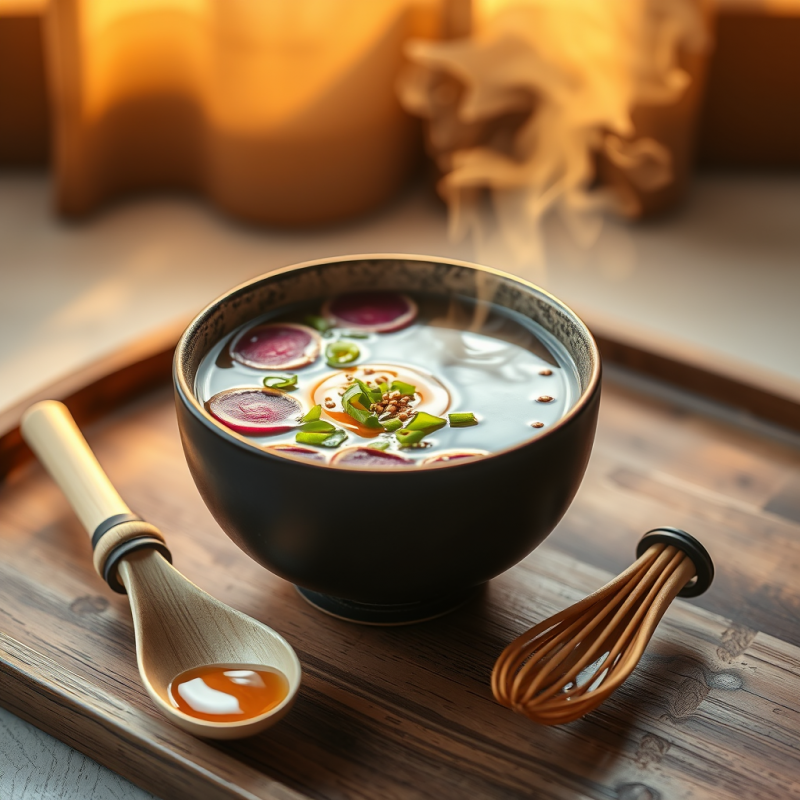 Steaming Bowl of Miso Soup Glows Under Warm