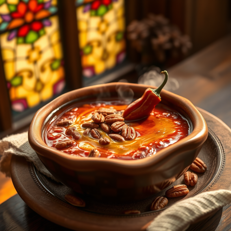 Steaming Bowl of Rich Chili Garnished with Pecans