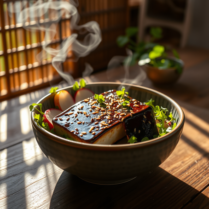 Steaming Ceramic Bowl of Miso-glazed Black Sesame Tofu ...