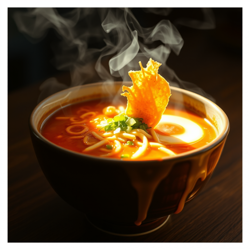 Steaming Ceramic Bowl of Spicy Ramen
