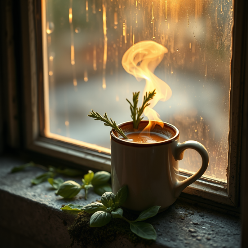 Steaming Ceramic Mug of Espresso Rests on a Weathered S...