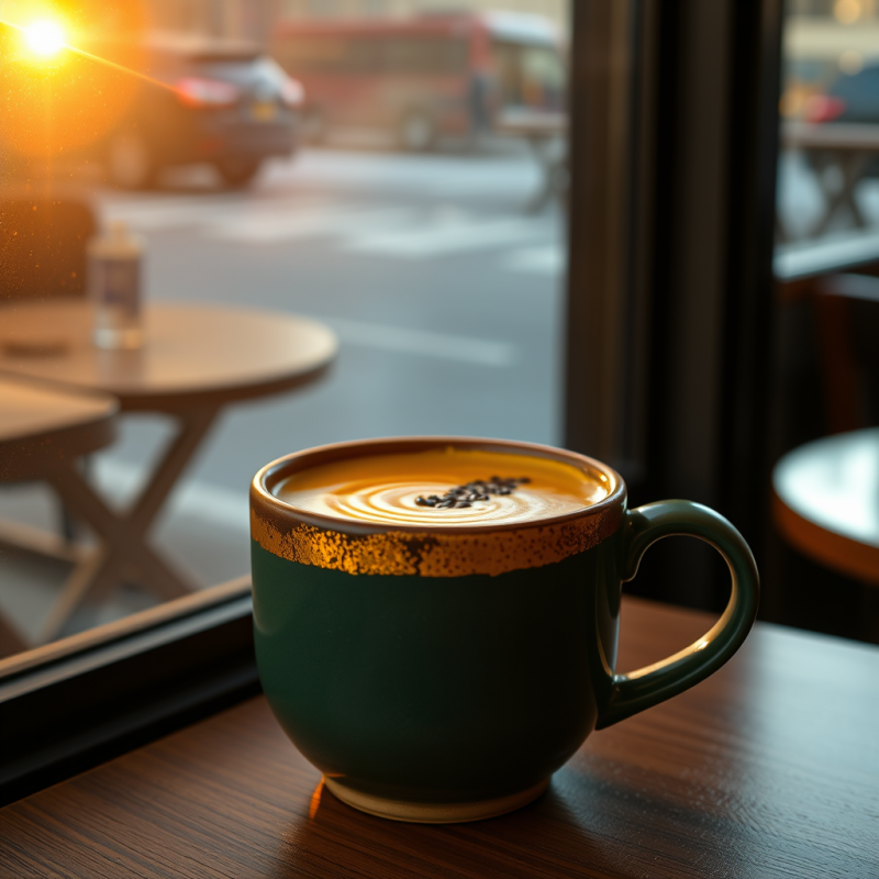Steaming Coffee Cup with Latte Art Sits on a Wooden